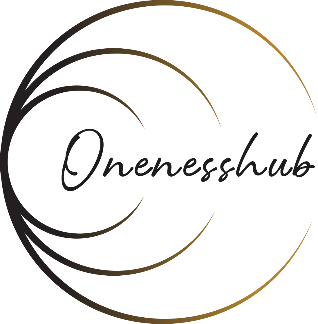 Onenesshub Logo. 3 golden circles, in between then is written the word Onenesshub in gold font volour