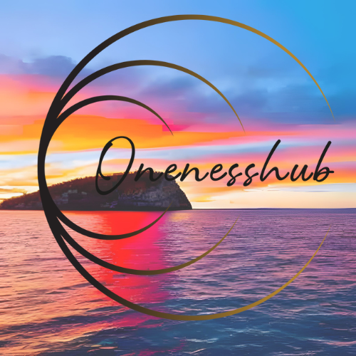 The OnenessHub logo in front of a photo with seaview on susnset colours which are mirrored on the water and an island on the back